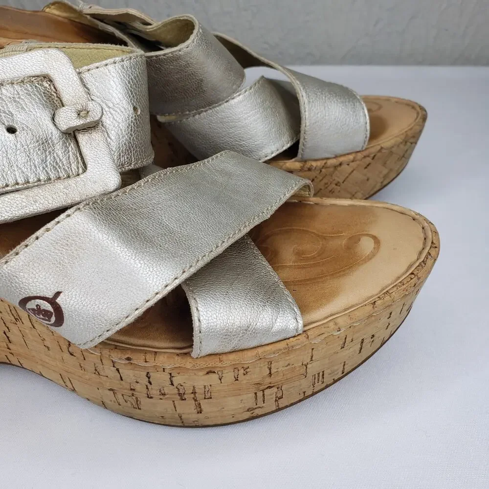 Born Womens 10 High Wedge Platform Light Gold Strappy Cork Sandals Slip Ons